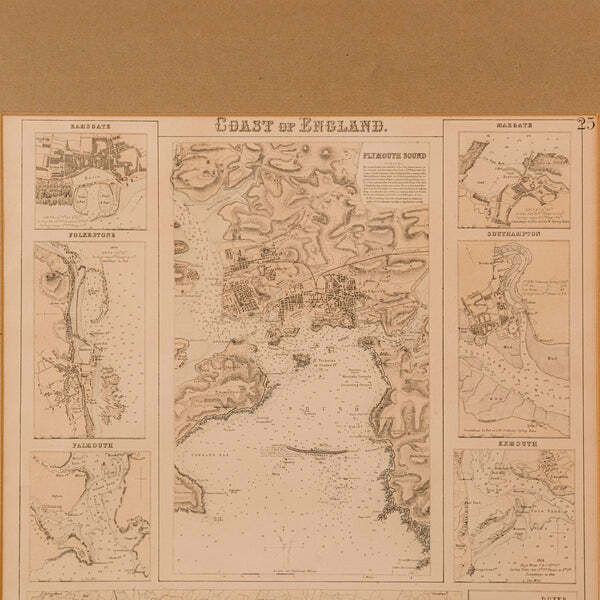 Antique Lithography Map, Coastal England, Framed Cartography Interest, Victorian photo 695.0
