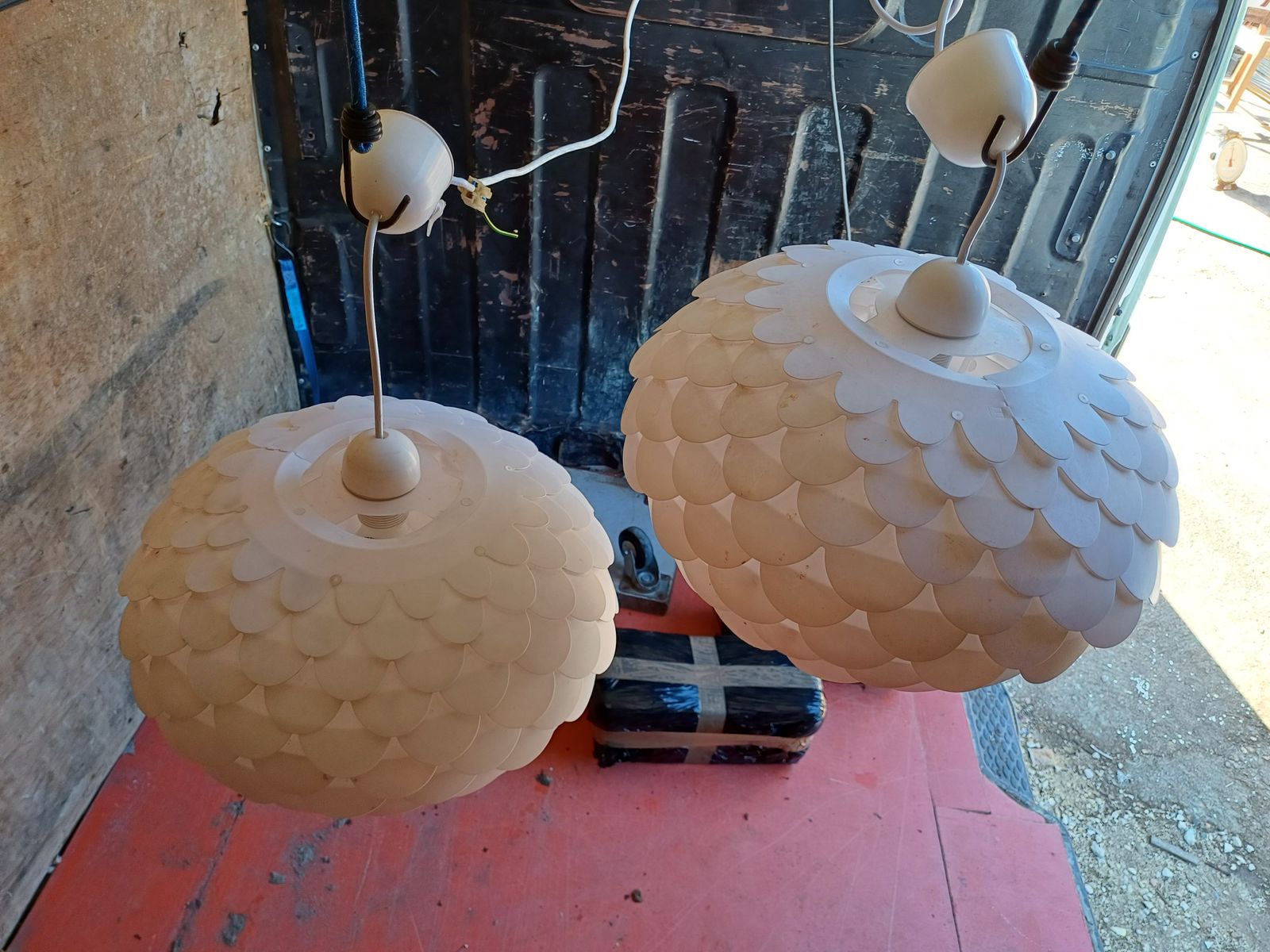 Pair Of Vintage White Plastic Pendant Lights photo vinterior