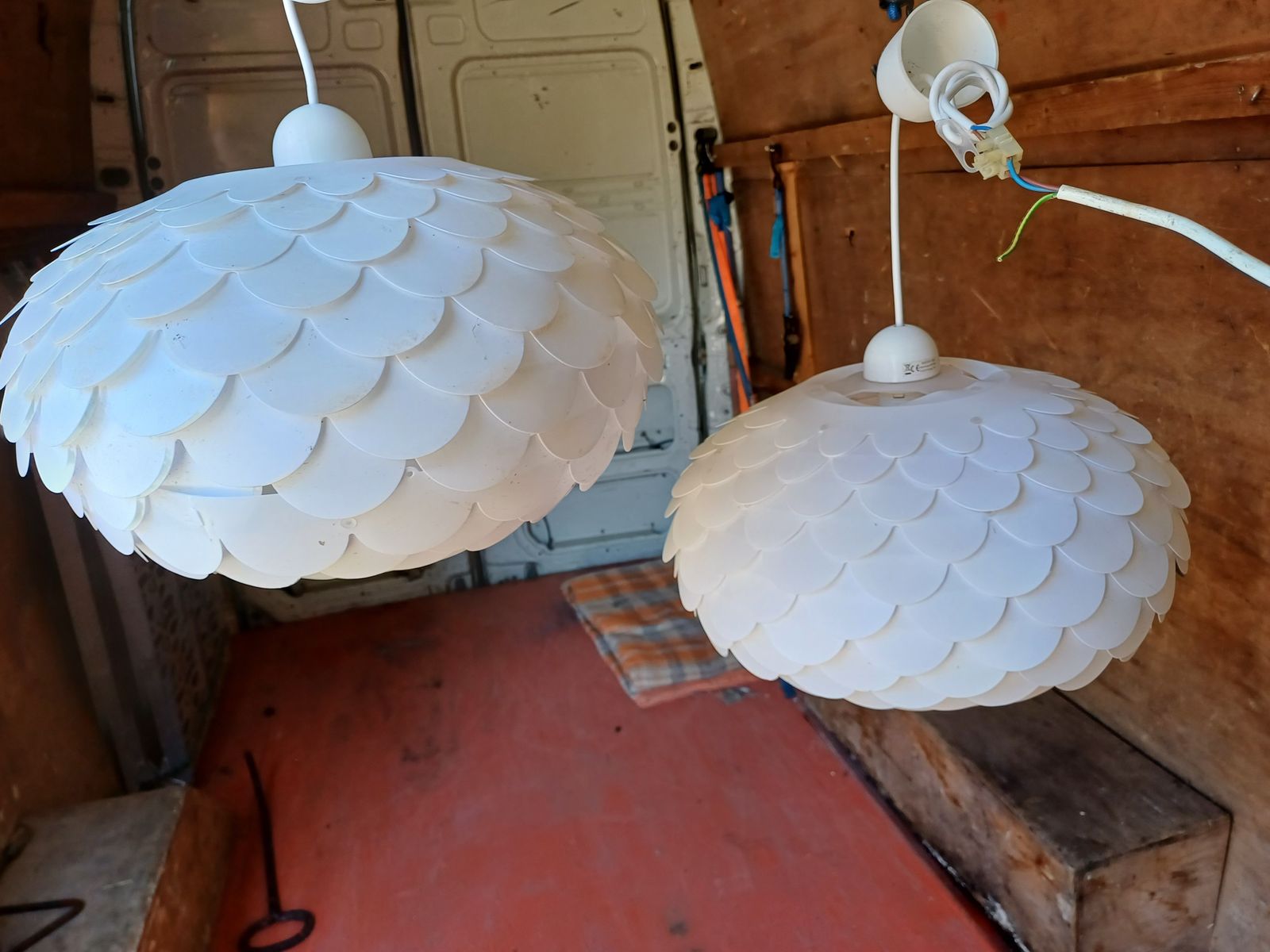 Pair Of Vintage White Plastic Pendant Lights photo vintage