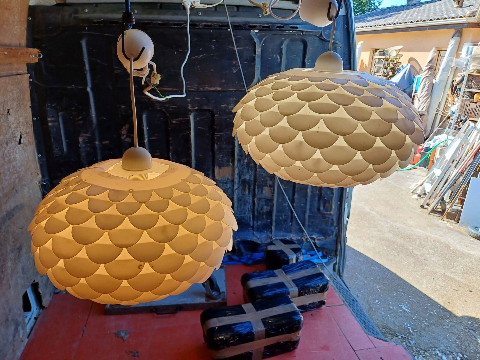 photo for sale Pair Of Vintage White Plastic Pendant Lights