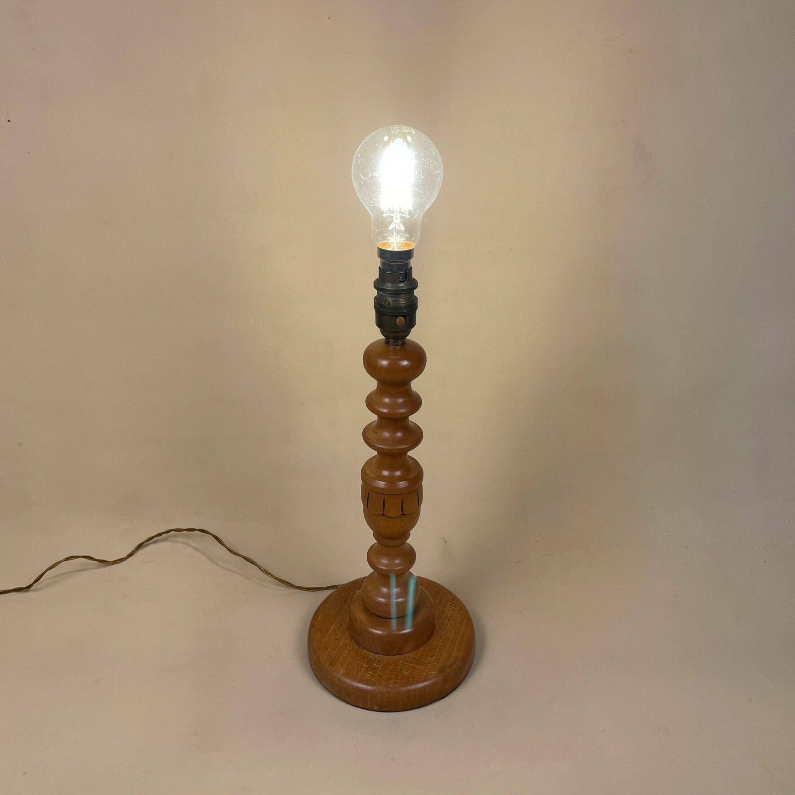 Antique Bauble Wooden Lamp Light Bedside Side Table Desk Column Round Base Vintage Brown Hand Carved Farmhouse Cottage Decor Wood photo Lighting