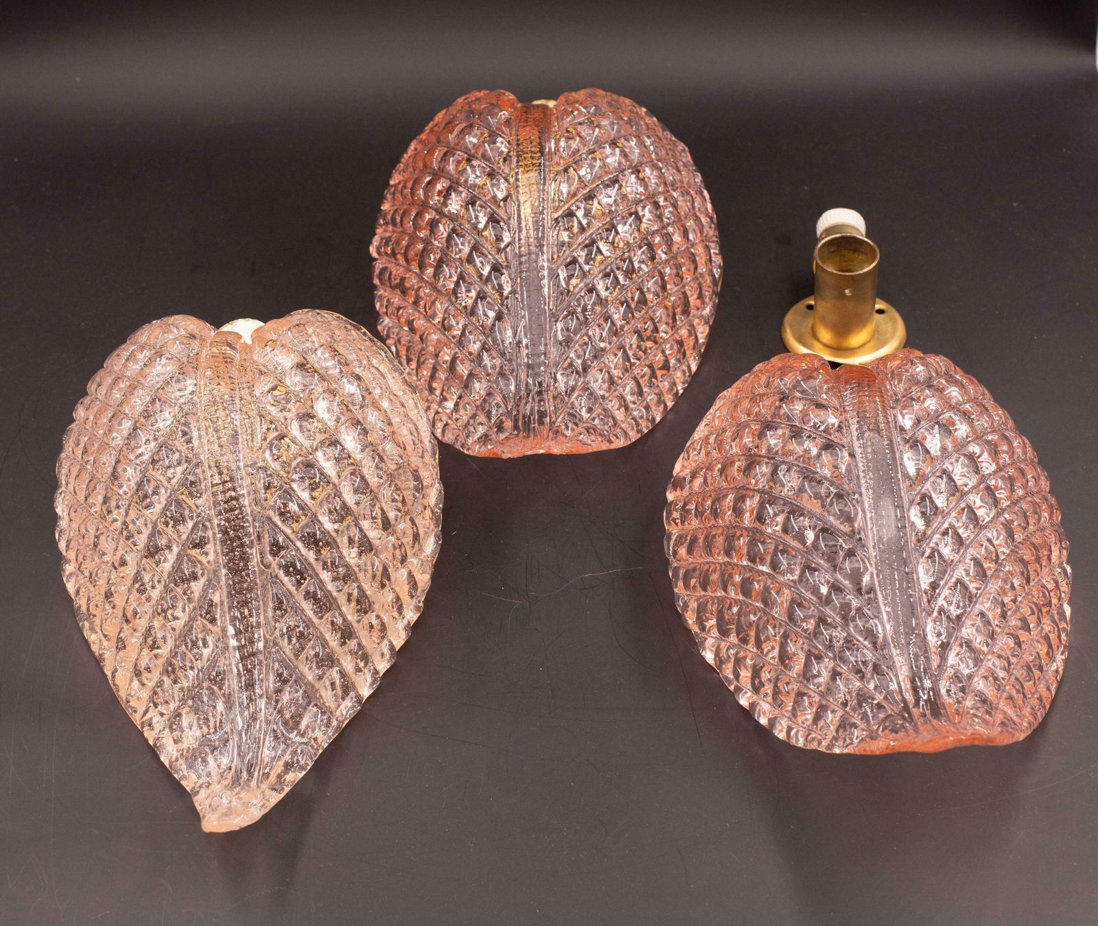 photo for sale Set Of 2 Wall Light Pink Jewel Murano Glass Leave By Barovier E Toso, 1950s