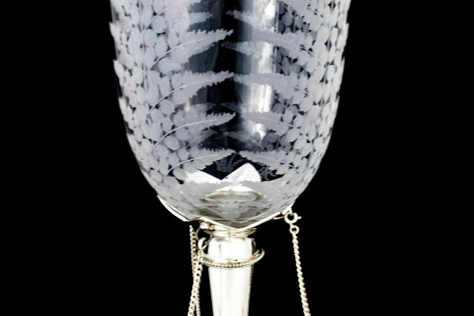 Antique Victorian Mappin Webb Glass Celery Vase Fern Engraved Silver Plated Swan photo vinterior