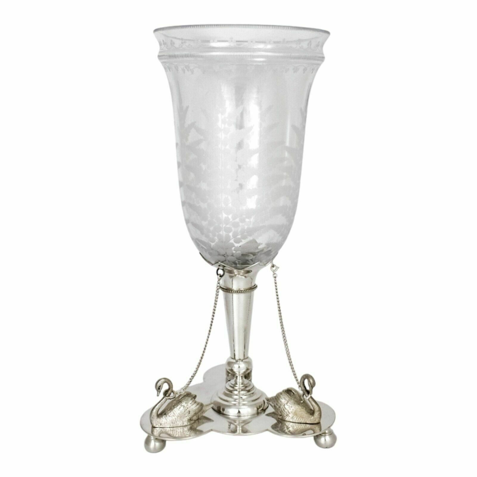 Home Decor Antique Victorian Mappin Webb Glass Celery Vase Fern Engraved Silver Plated Swan photo