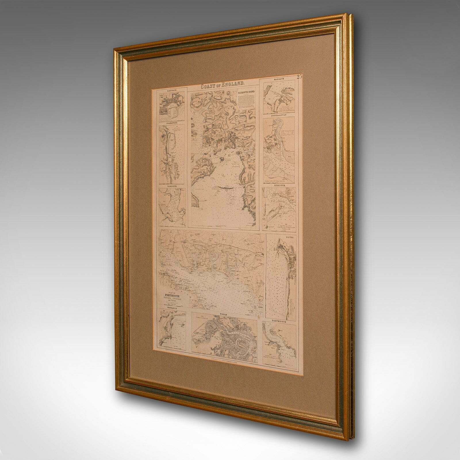 photo vintage Antique Lithography Map, Coastal England, Framed Cartography Interest, Victorian