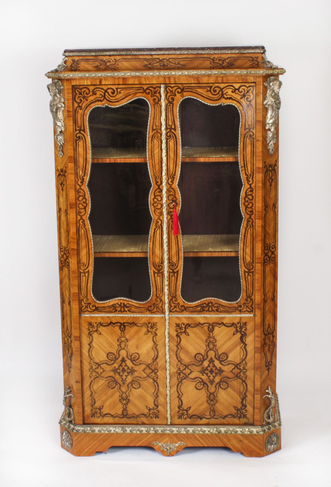 Antique Loius XV Revival Marquetry Kingwood Vitrine Display Cabinet 19th Century photo furniture