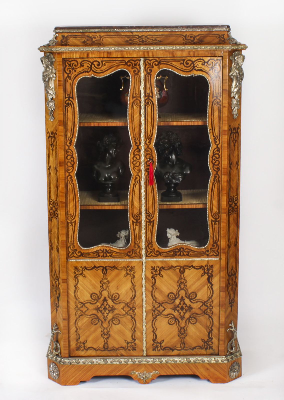 Antique Loius XV Revival Marquetry Kingwood Vitrine Display Cabinet 19th Century photo for sale