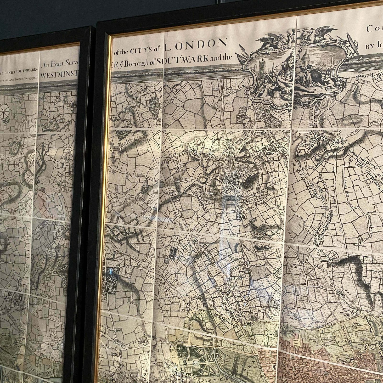 John Rocque's Tryptich Map Of London 10 Miles Round London (Coloured) Circa 1745 photo 3950.0