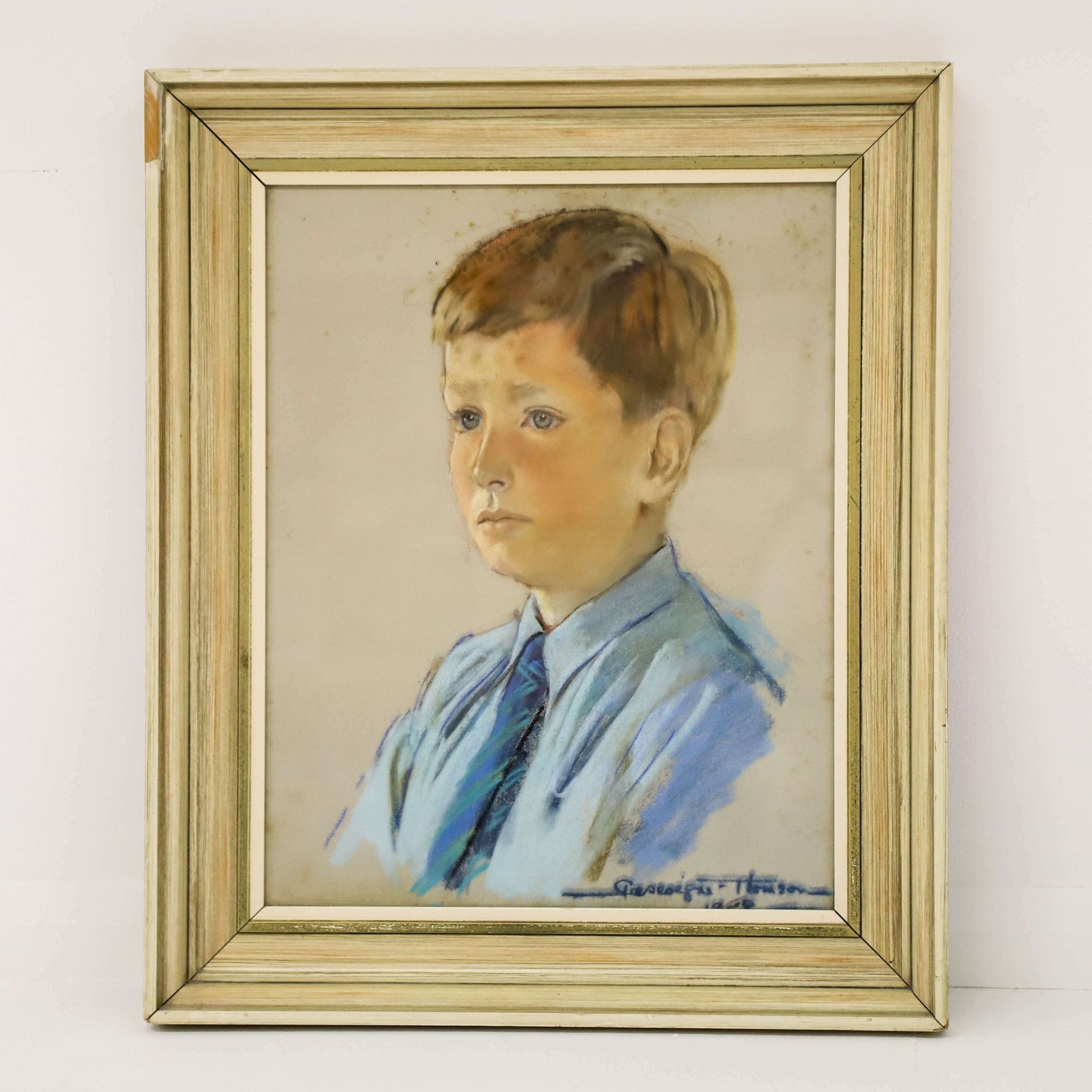 Pastel Portrait Of Young Boy Wood Frame Behind Glass Circa 1970s photo furniture