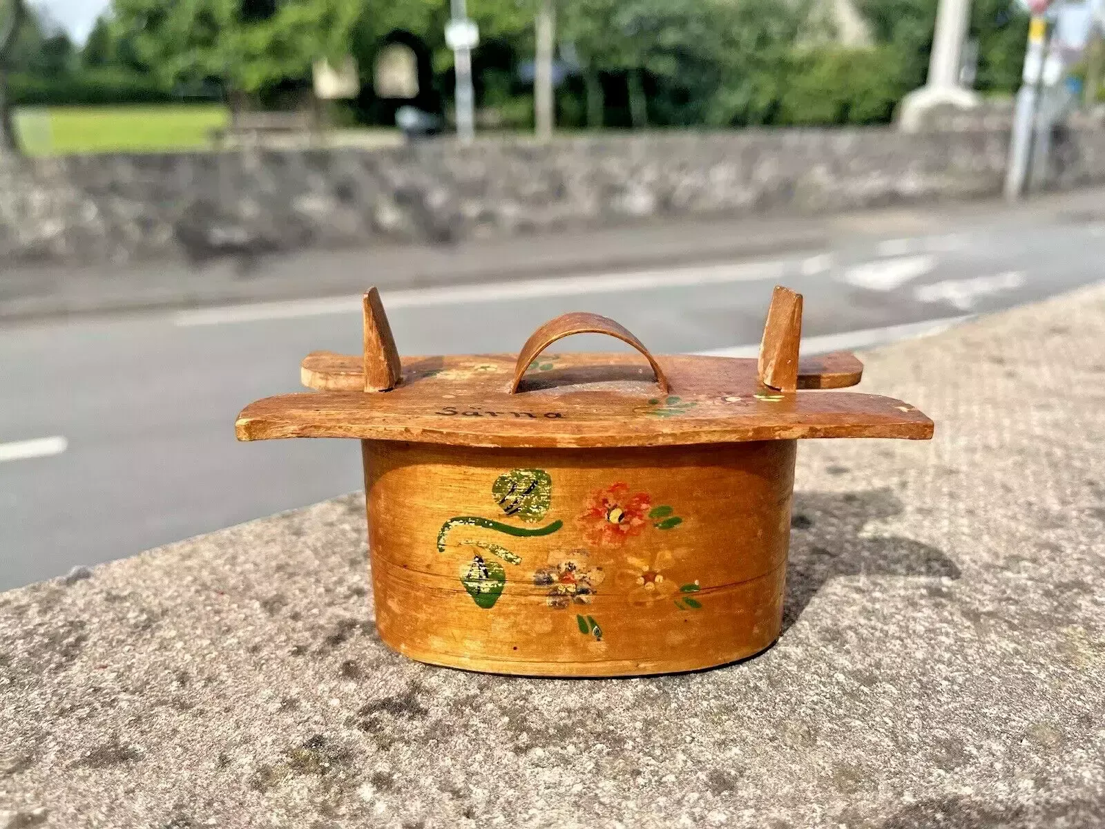 Mini Antique Swedish Svepask Tine Bentwood Folk Art Painted Box Scandi Kitchen
