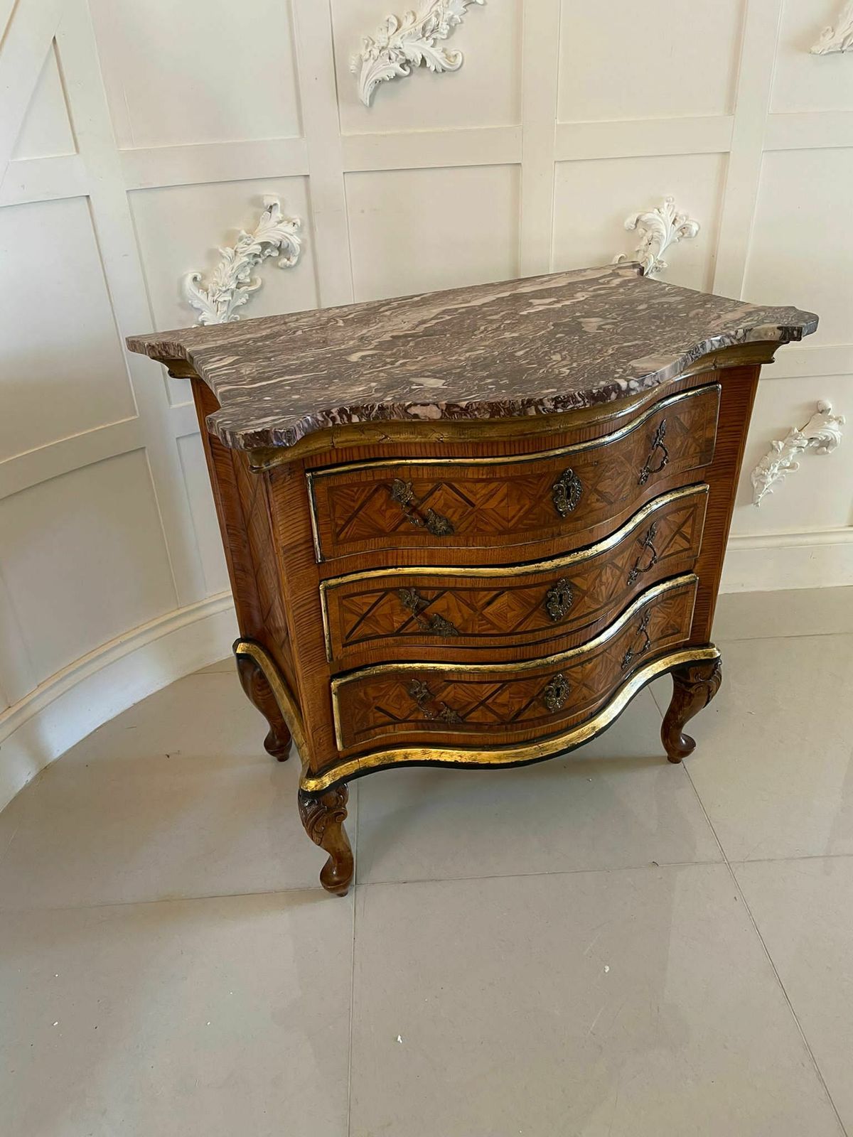Antique 18th Century Quality Parquetry Inlaid Serpentine Shaped Marble Top Commode photo Furniture
