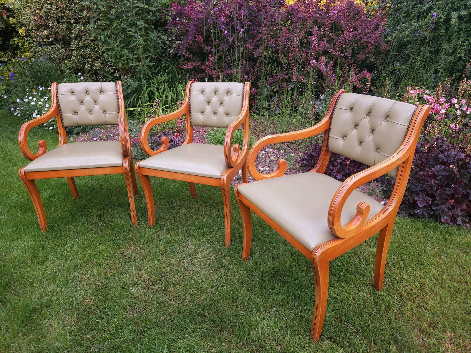 Trio Of Chesterfield Desk Chairs In Pale Olive Green Leather photo 489.0