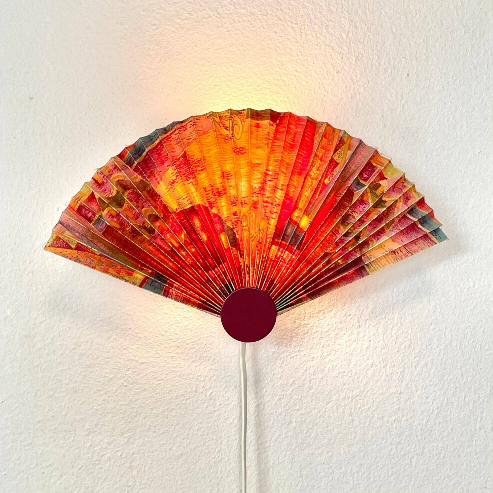 Danish Modernist Mid Century Wall Lamp With Pleated Fan Shade In Beautiful Pattern And A Dark Bordeaux Dot Detail   Design From Lyskær
