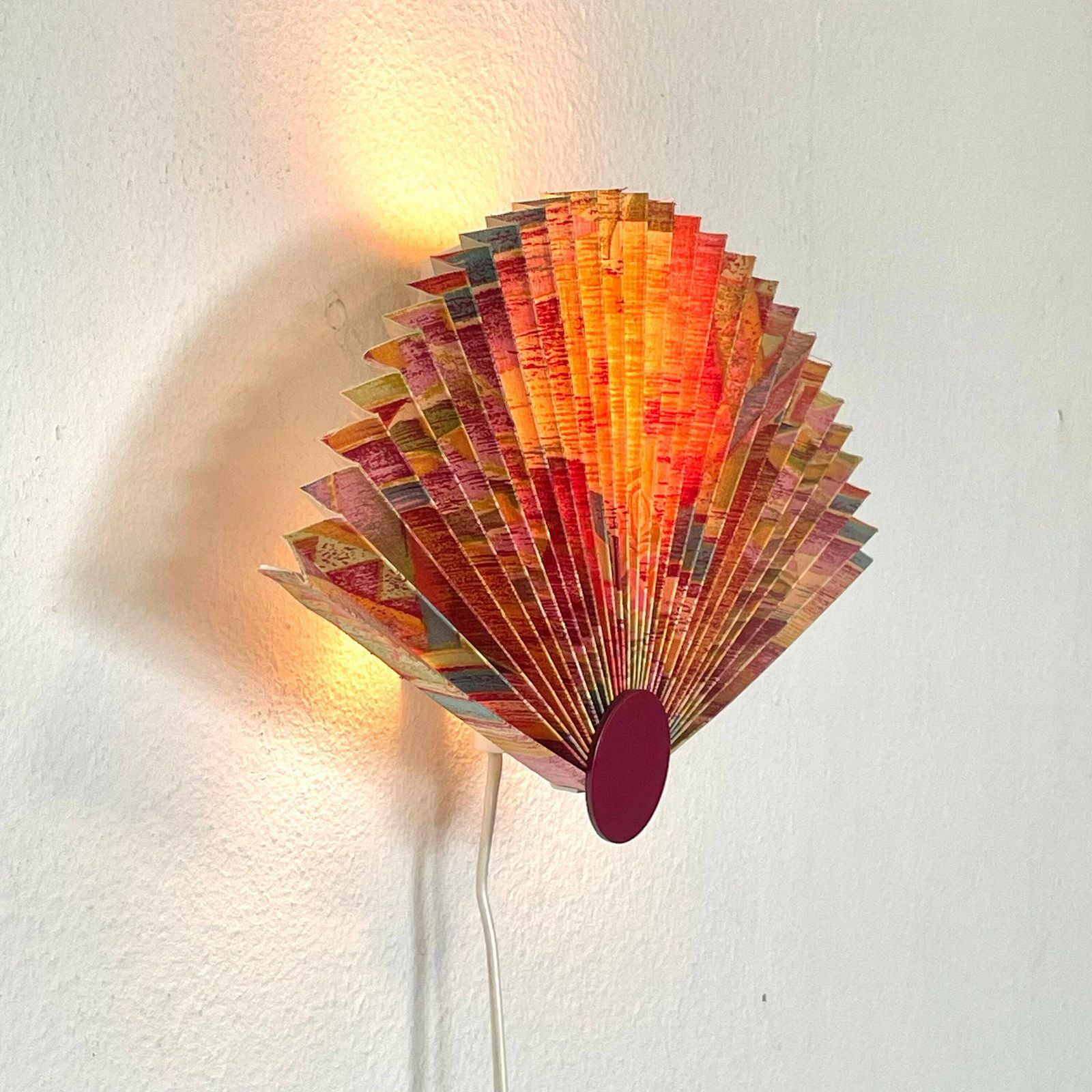 Danish Modernist Mid Century Wall Lamp With Pleated Fan Shade In Beautiful Pattern And A Dark Bordeaux Dot Detail   Design From Lyskær photo furniture