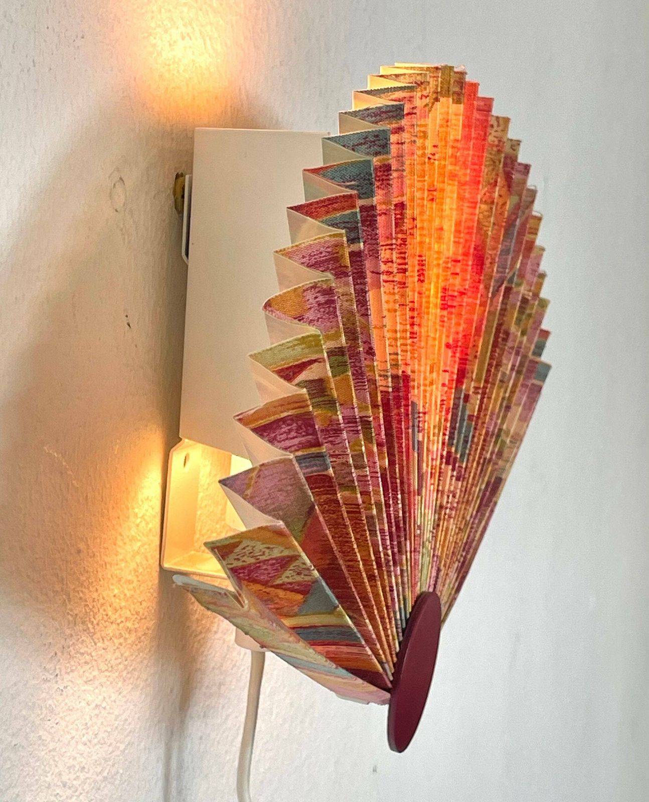 Danish Modernist Mid Century Wall Lamp With Pleated Fan Shade In Beautiful Pattern And A Dark Bordeaux Dot Detail   Design From Lyskær photo Lighting