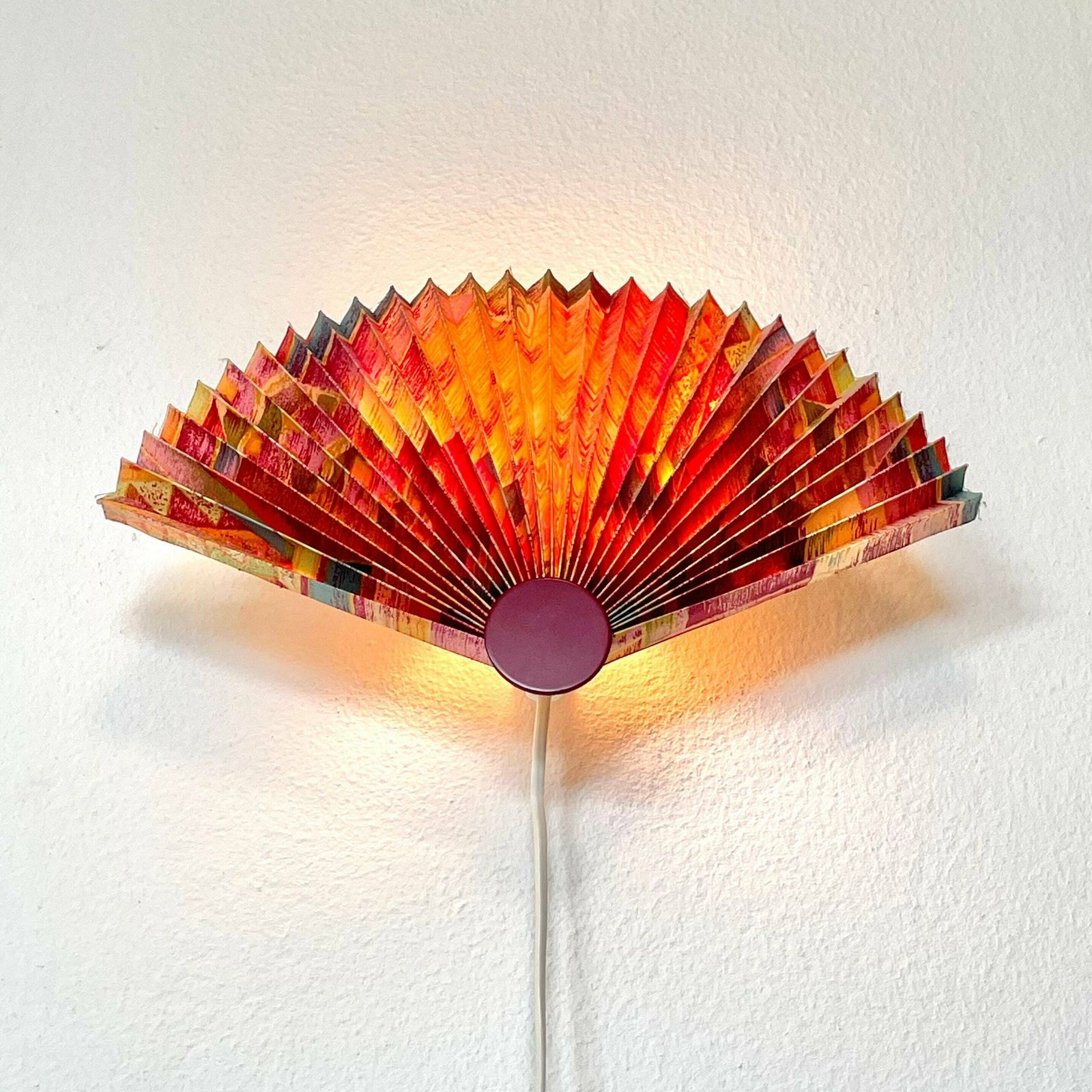 Danish Modernist Mid Century Wall Lamp With Pleated Fan Shade In Beautiful Pattern And A Dark Bordeaux Dot Detail   Design From Lyskær photo 154.0