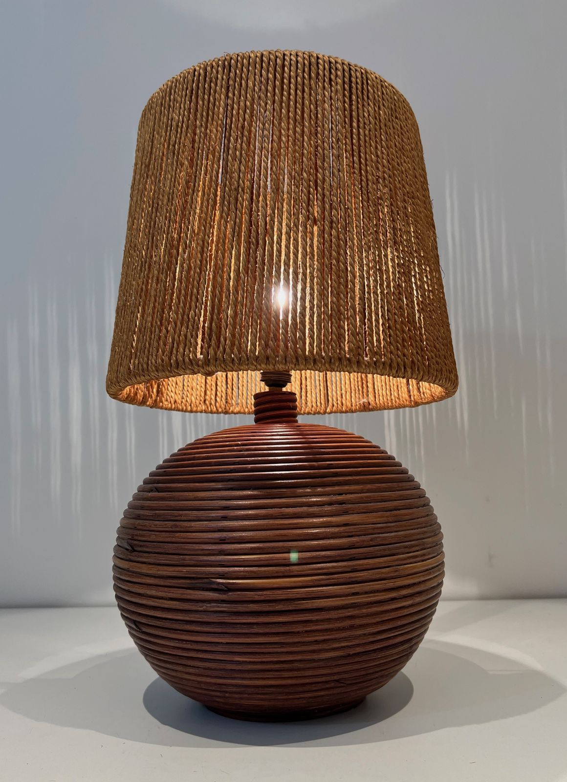 Lighting Round Rattan Lamp With Rope Shade In The Style Of Adrien Adoux And Frida Minet. Circa 1970 photo