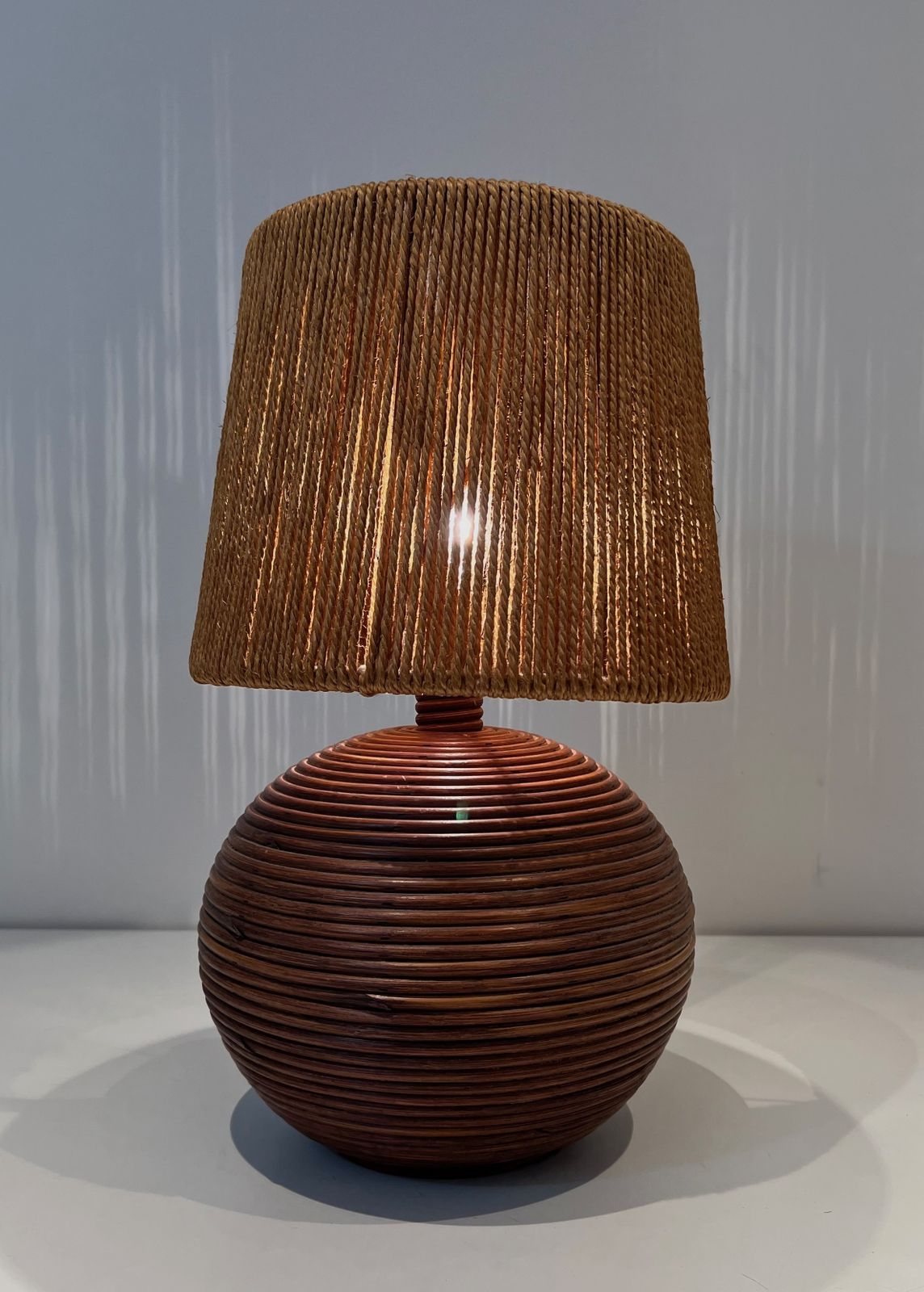 photo vinterior Round Rattan Lamp With Rope Shade In The Style Of Adrien Adoux And Frida Minet. Circa 1970