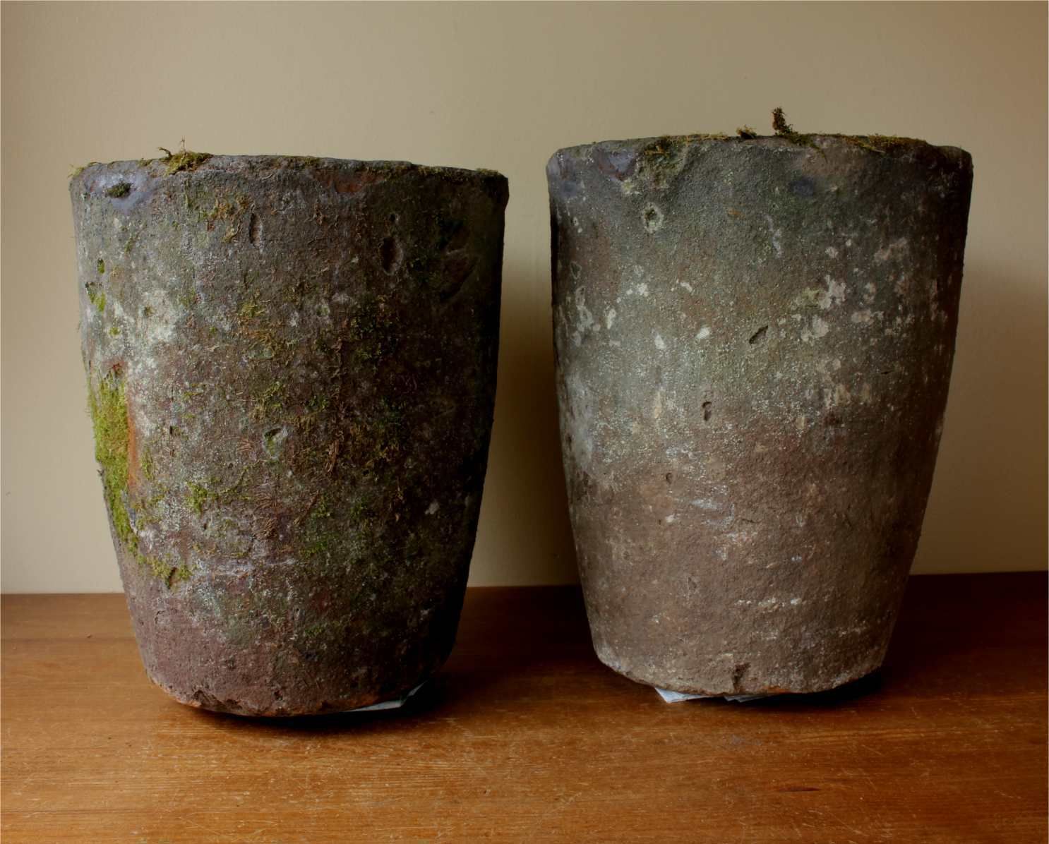 Two French Foundry Melting Pots. Lava Stone Smelting Crucibles. Planters. photo vinterior