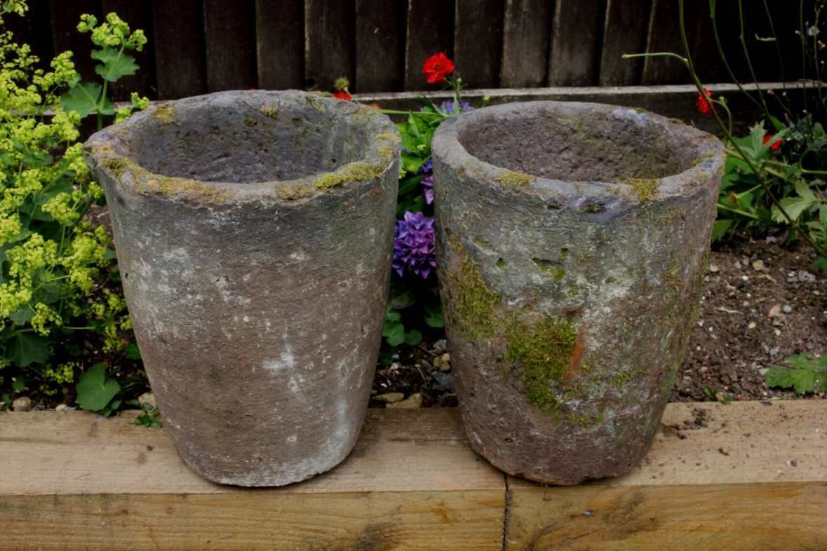 photo vintage Two French Foundry Melting Pots. Lava Stone Smelting Crucibles. Planters.