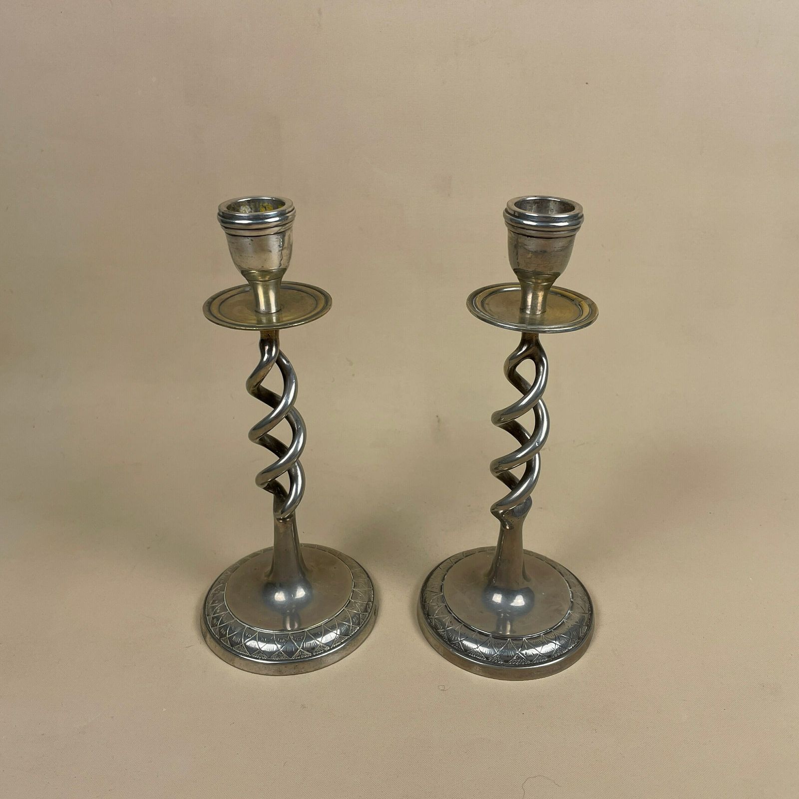 Antique Matching Pair Of Silver Metal Candlestick Candle Stick Vintage Column Taper Dinner Candlesticks Twisted Twist Round Base