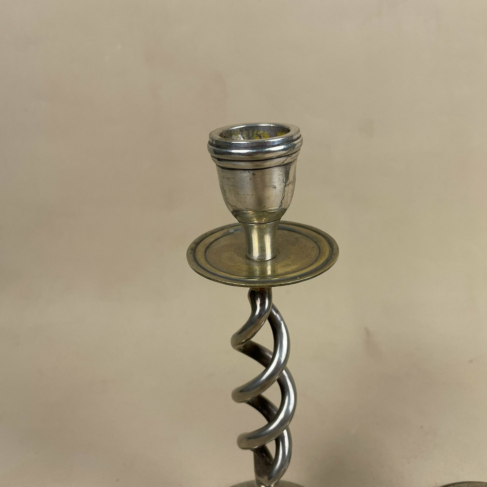 Antique Matching Pair Of Silver Metal Candlestick Candle Stick Vintage Column Taper Dinner Candlesticks Twisted Twist Round Base photo vinterior