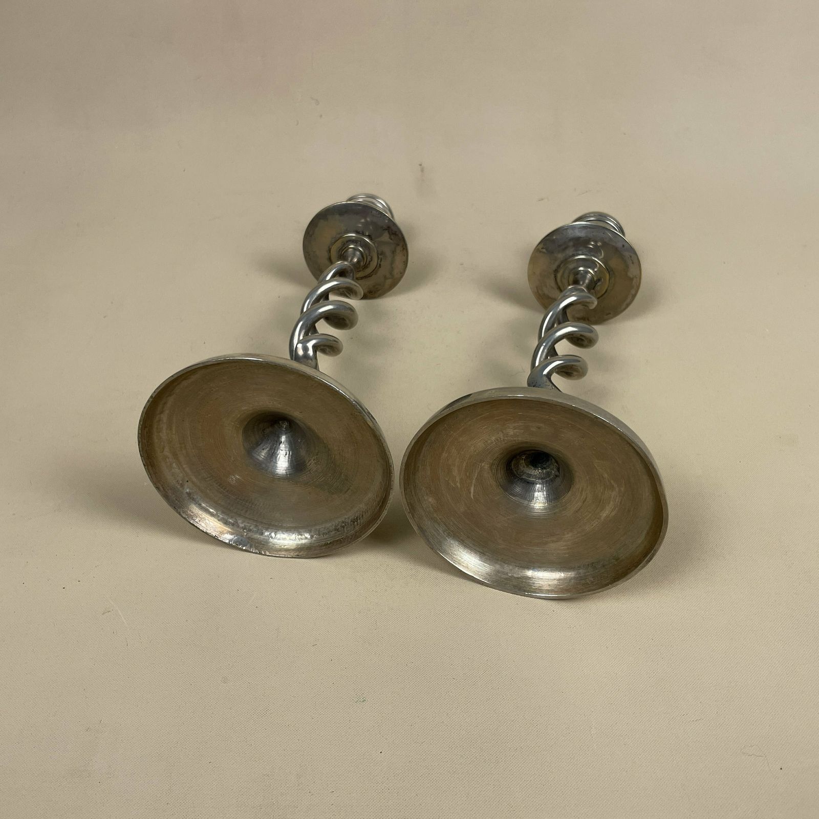 Antique Matching Pair Of Silver Metal Candlestick Candle Stick Vintage Column Taper Dinner Candlesticks Twisted Twist Round Base photo buy