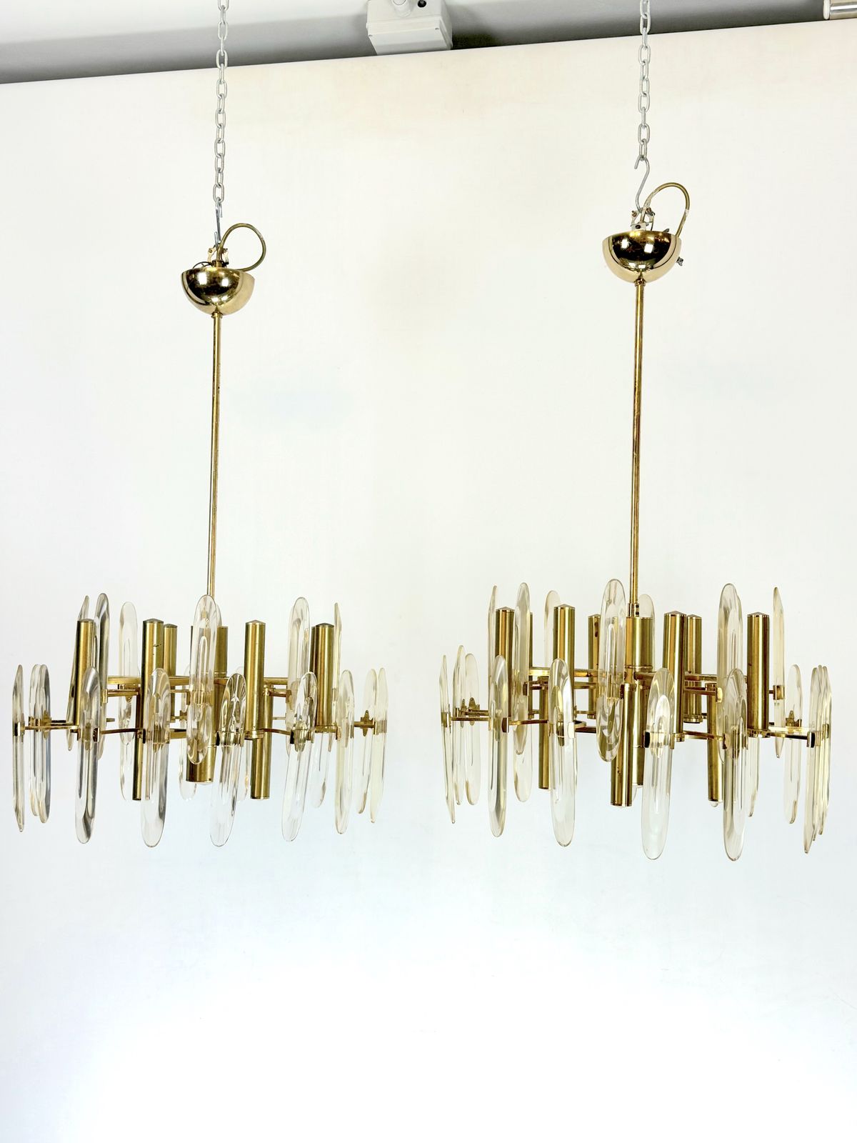 Sciolari, Pair Of Italian Brass And Glass Chandeliers From 70s