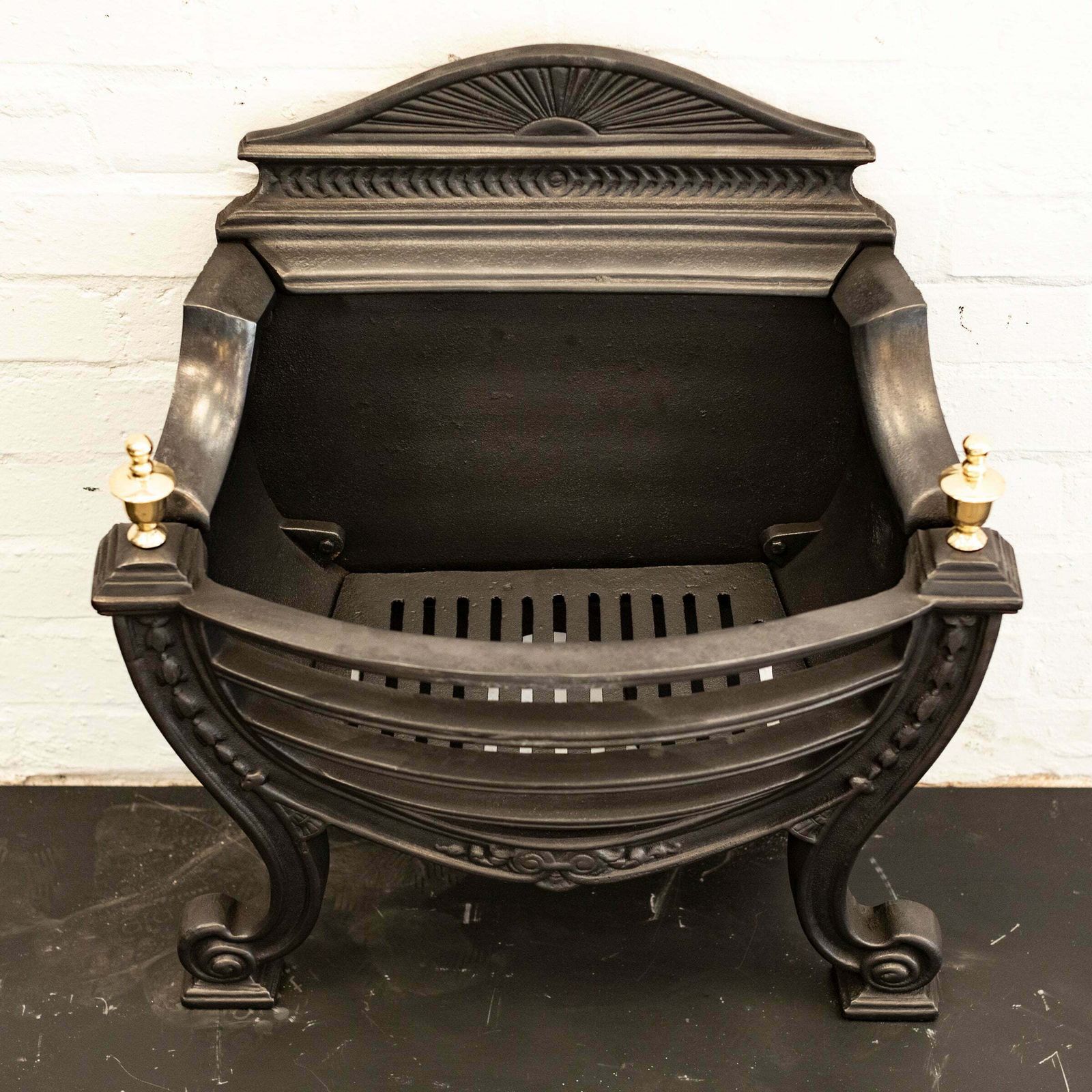Victorian Style Cast Iron Fire Basket With Brass Finials photo for sale