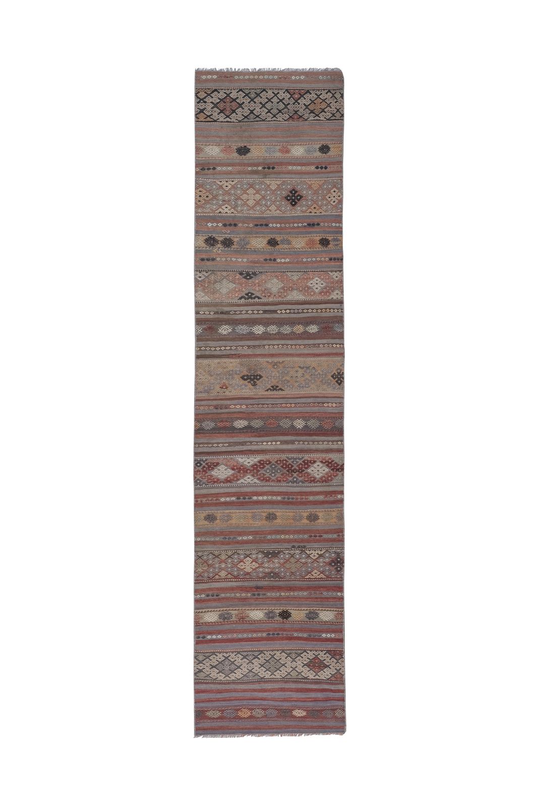 Vintage Beige Blue Caramel Striped Turkish Kilim Rug Runner