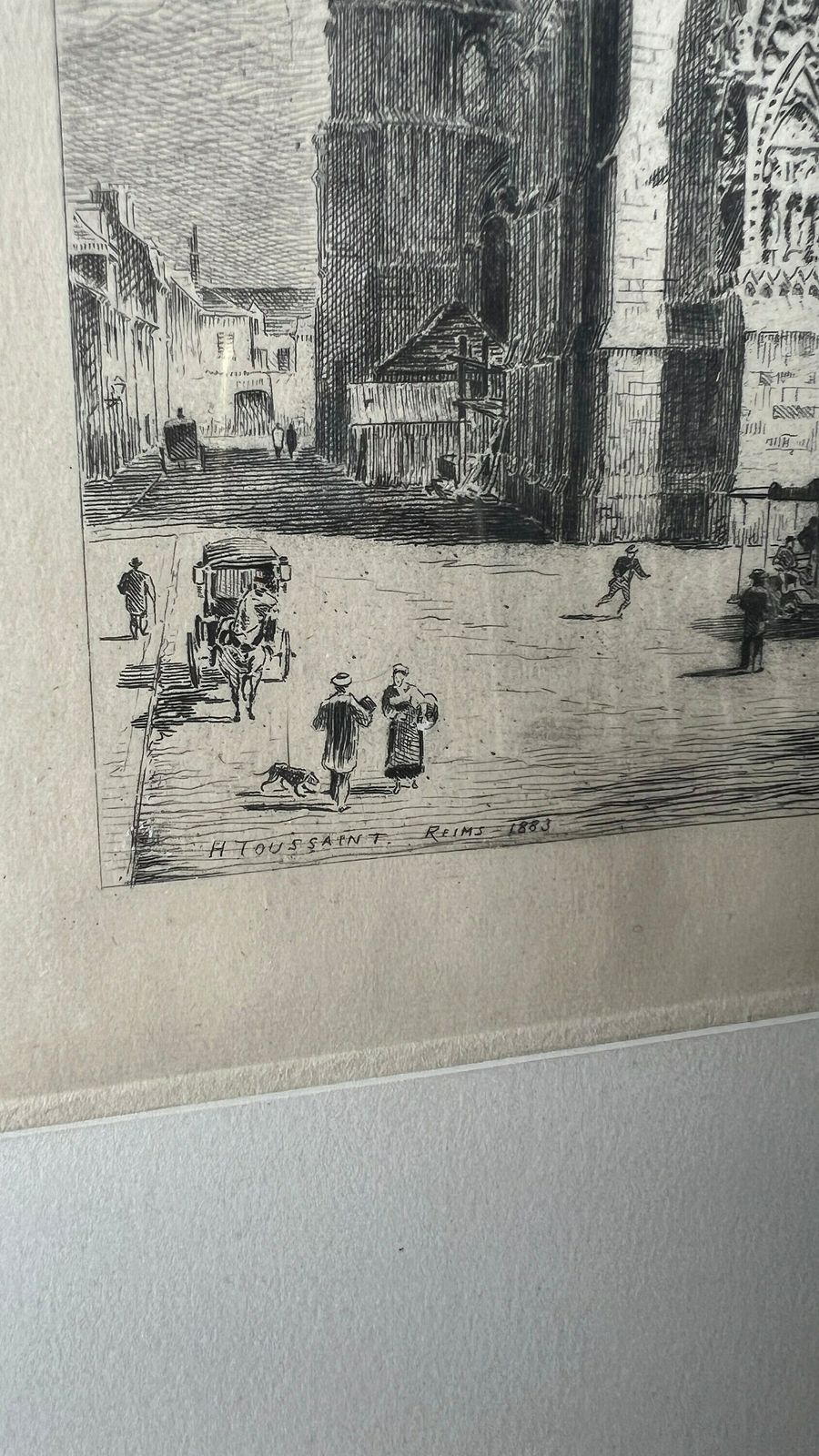 1883 Etching Of The Cathedral Of Notre Dame Of Reims By Henri Toussaint photo for sale