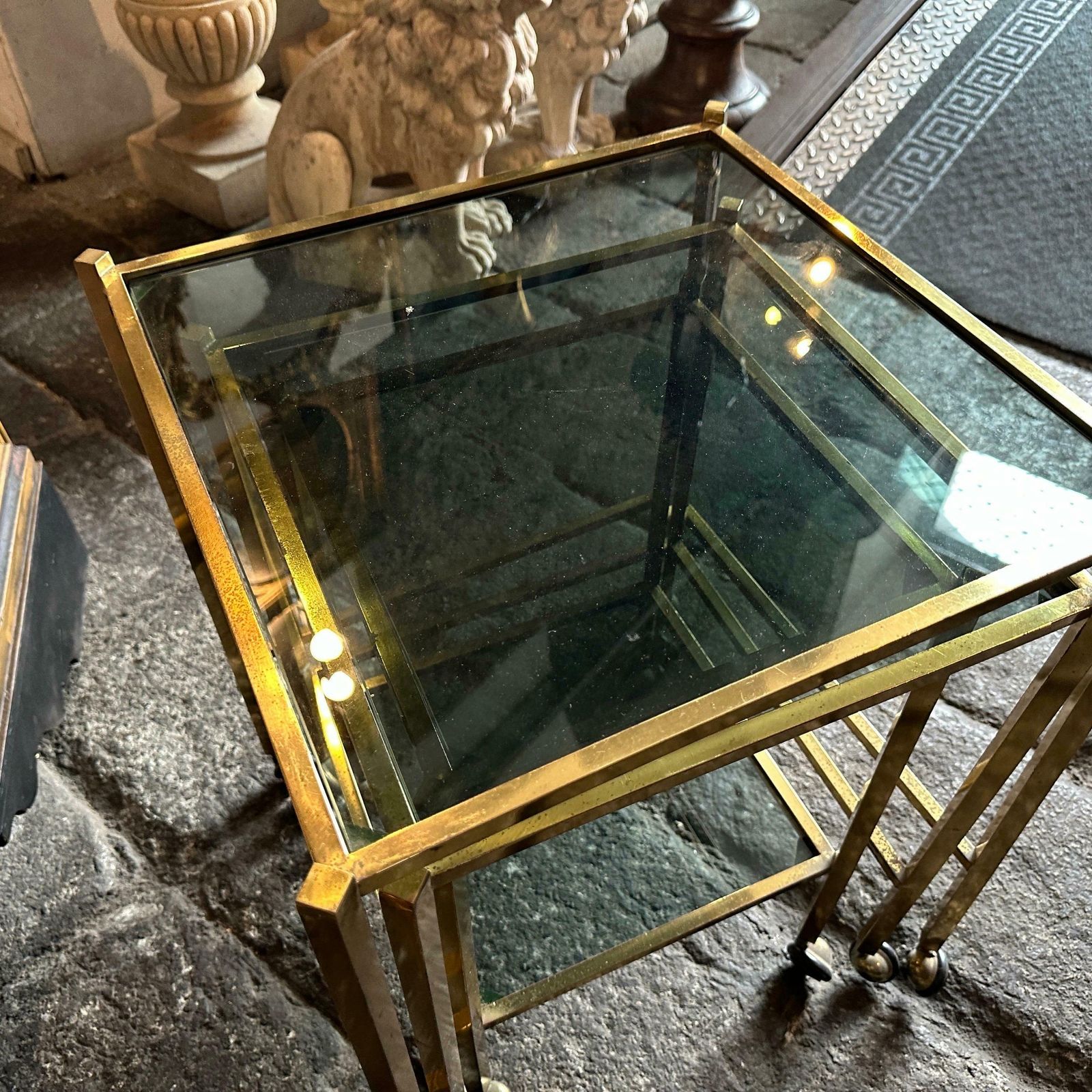 1960s Mid Century Modern Set Of Three Brass And Smoked Glass Nesting Tables photo vintage
