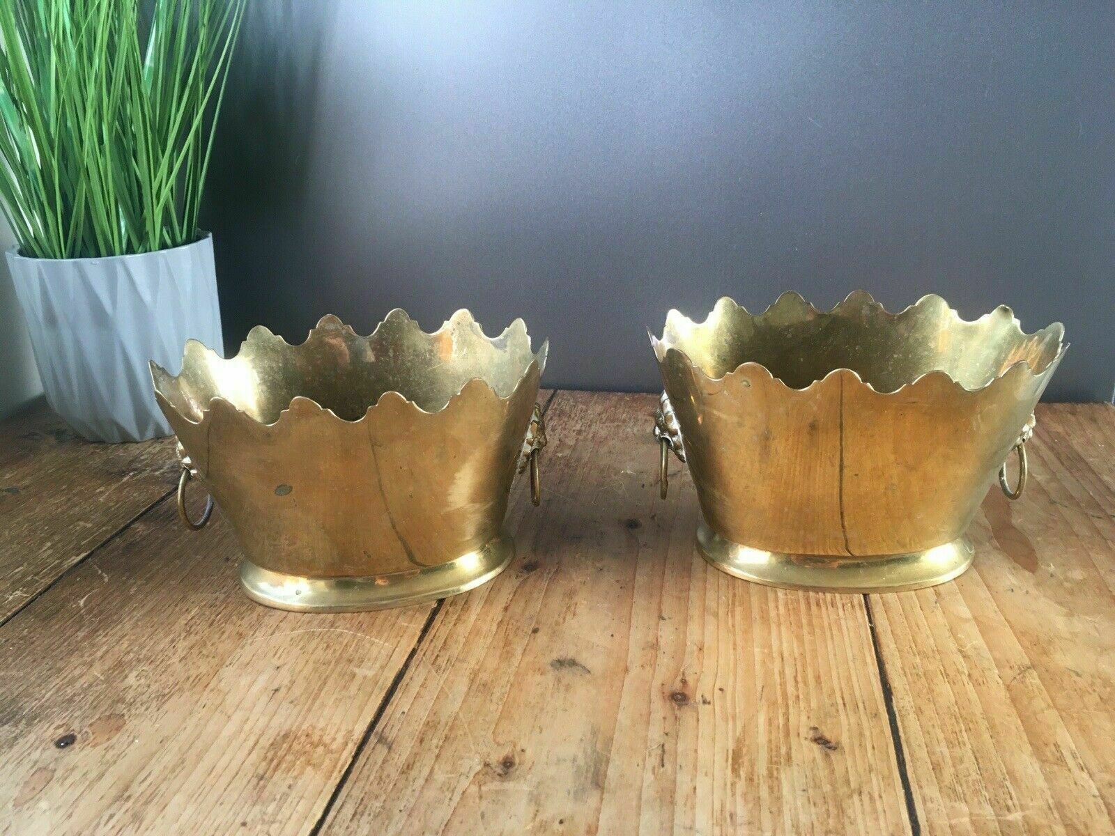 1 Vintage Brass Castellated Lions Head Flower Cachepot Planter Plant Pot Antique photo for sale