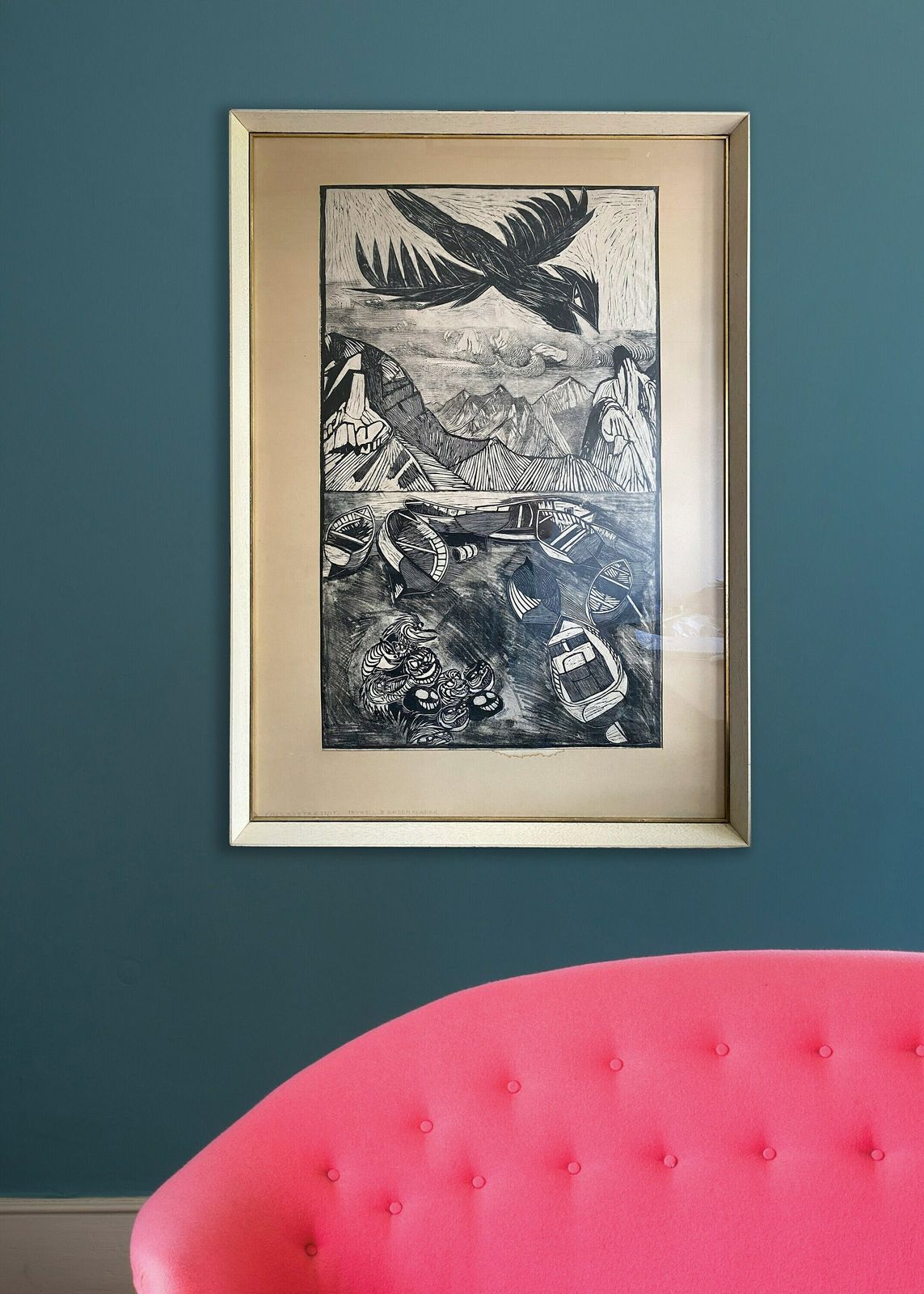 Framed Mid 20th Century Danish Woodcut Print   Cliffs And Sea Tenerife photo furniture