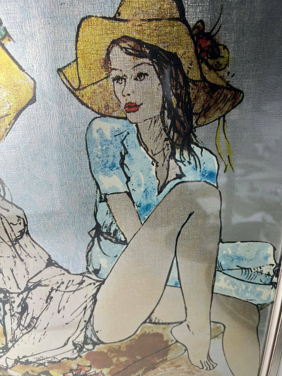 Vintage French Mid Century Bernard Dufour Reproduction Framed Boho Chic 1970s Painting Whimsical Romantic Art Of Two Girls Valentines Gift photo buy