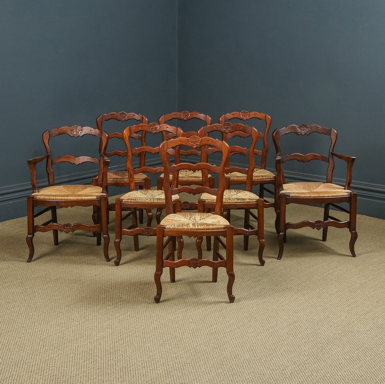 French Set Of 8 Eight Louis XV Style Oak Ladder Back Rush Seat Kitchen Dining Chairs (Circa 1920) photo furniture