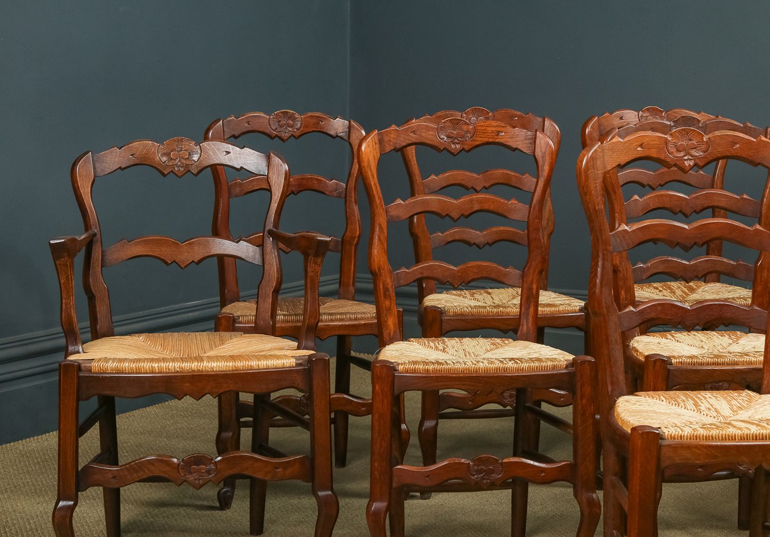 French Set Of 8 Eight Louis XV Style Oak Ladder Back Rush Seat Kitchen Dining Chairs (Circa 1920) photo for sale
