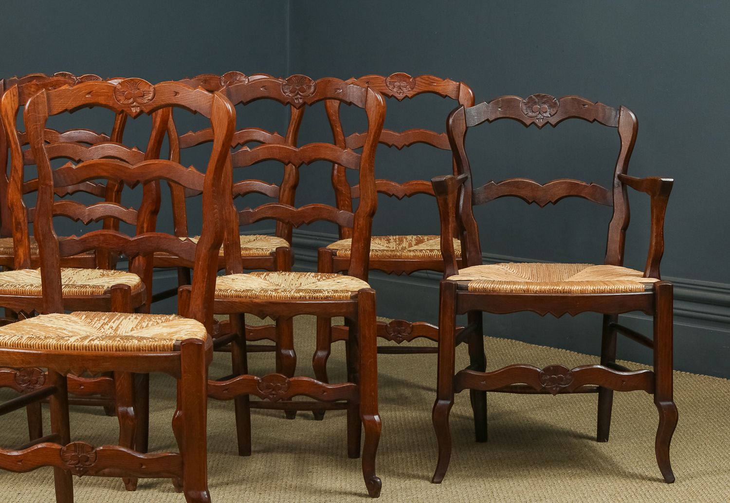 French Set Of 8 Eight Louis XV Style Oak Ladder Back Rush Seat Kitchen Dining Chairs (Circa 1920) photo Furniture