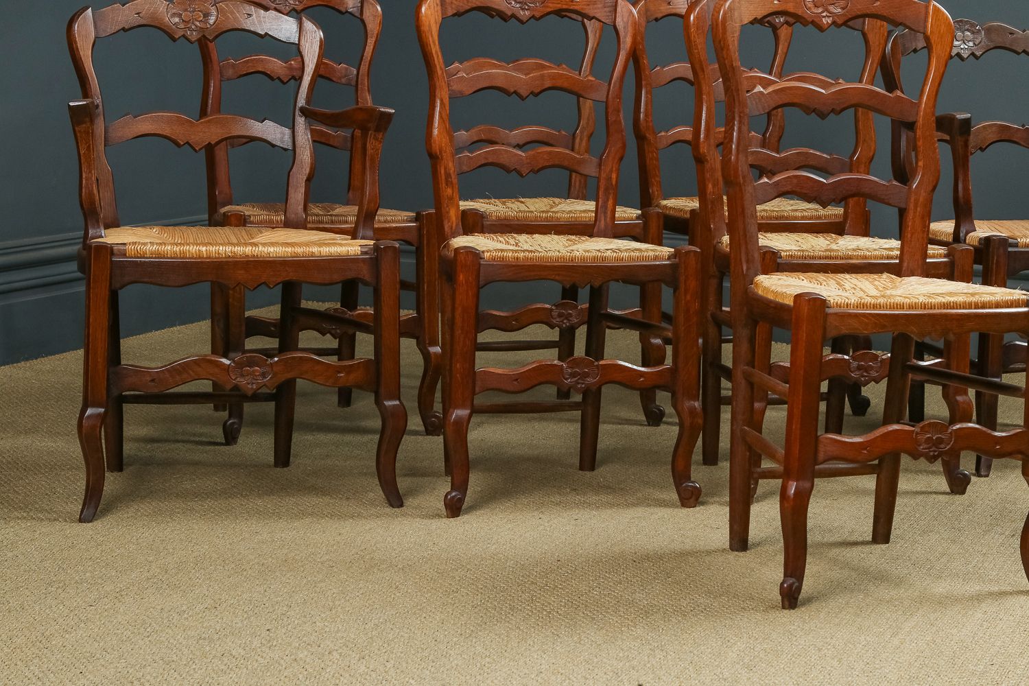 French Set Of 8 Eight Louis XV Style Oak Ladder Back Rush Seat Kitchen Dining Chairs (Circa 1920) photo buy