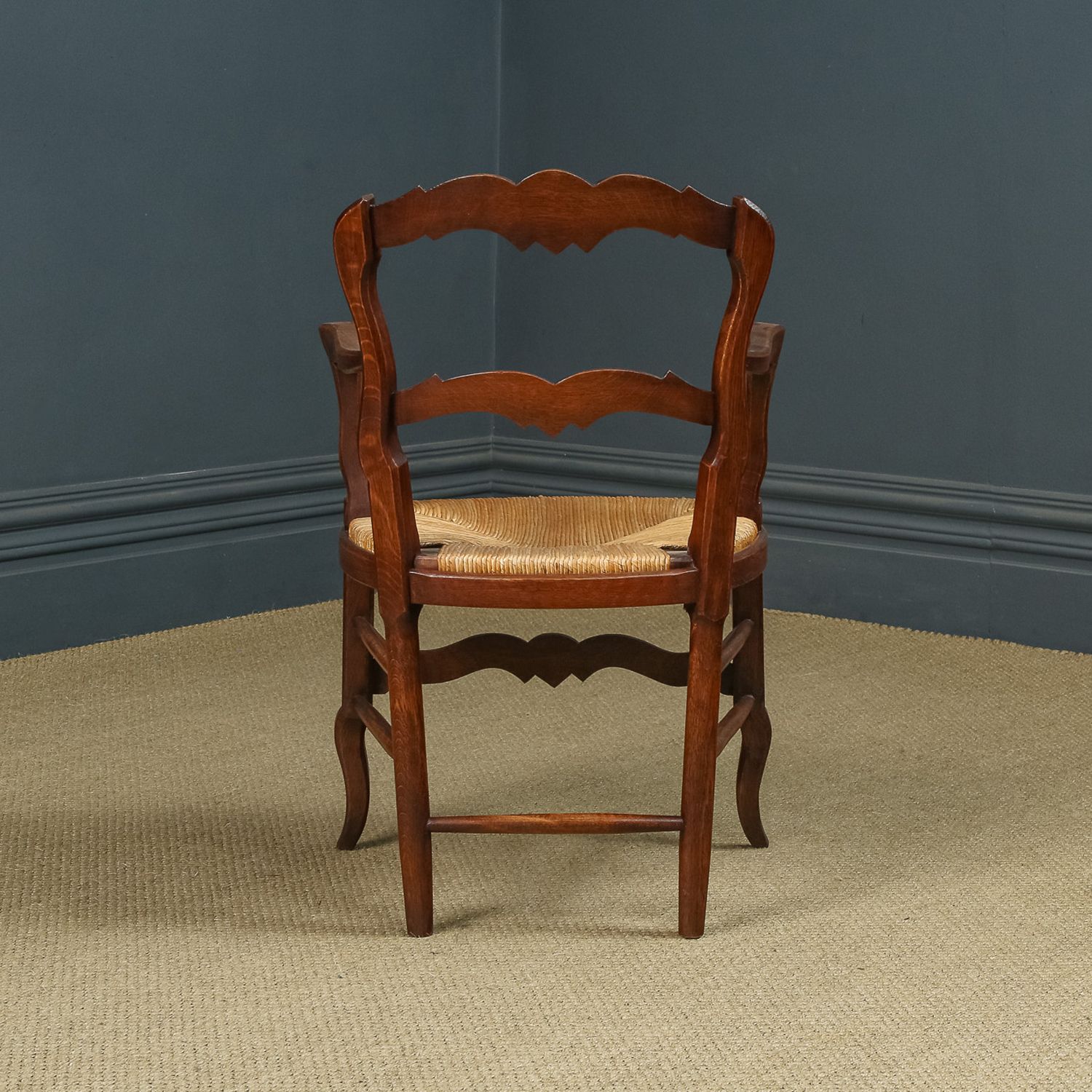 Furniture French Set Of 8 Eight Louis XV Style Oak Ladder Back Rush Seat Kitchen Dining Chairs (Circa 1920) photo