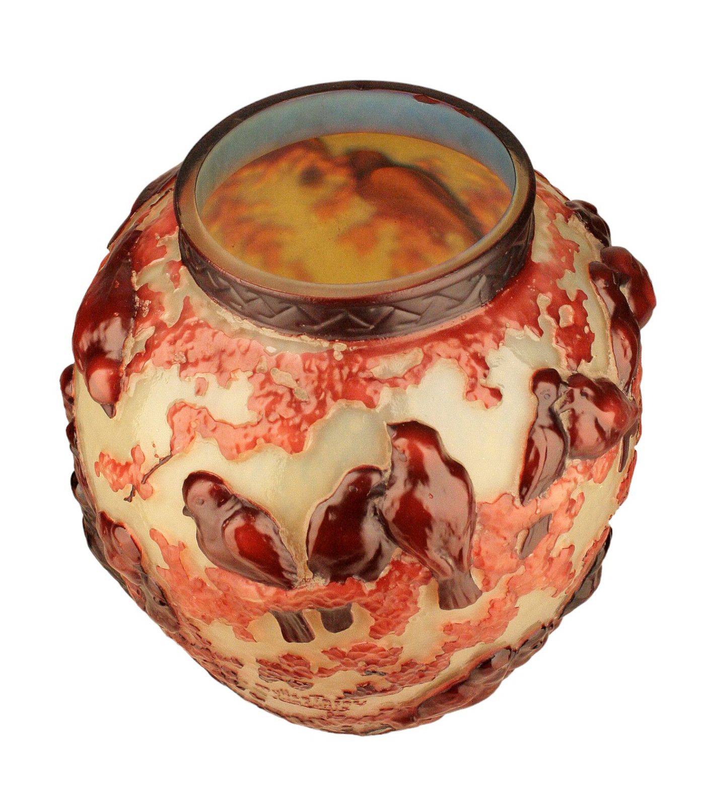 1900s Art Nouveau Bulbous Frosted Soufflé Glass Vase With Trees And Birds By Muller Frères Lunéville, France photo furniture