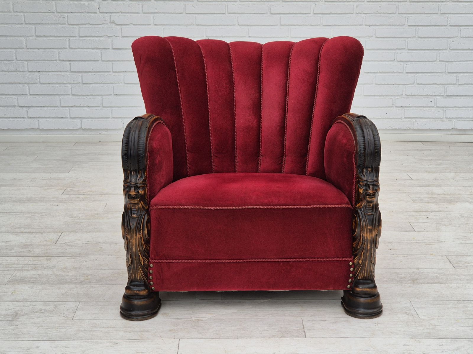 Ca. Jaren 1950, Deense Fauteuil Met Voetenbank, Meubelvelours, Essenhout. photo for sale
