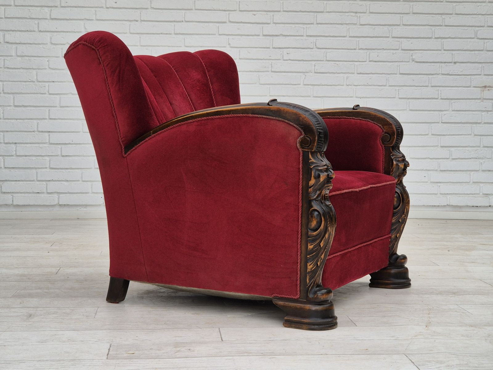 Ca. Jaren 1950, Deense Fauteuil Met Voetenbank, Meubelvelours, Essenhout. photo 1470.0