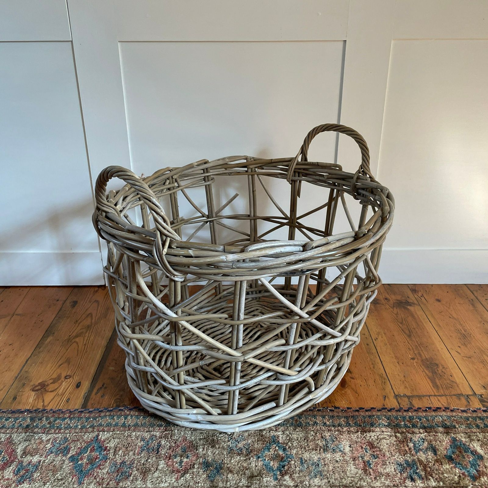 Antique French Oval Basket Woven Wicker Brown Storage Log Wooden Handles Vintage Round Wood Brown Cottage Farmhouse Bin Large Open Weave