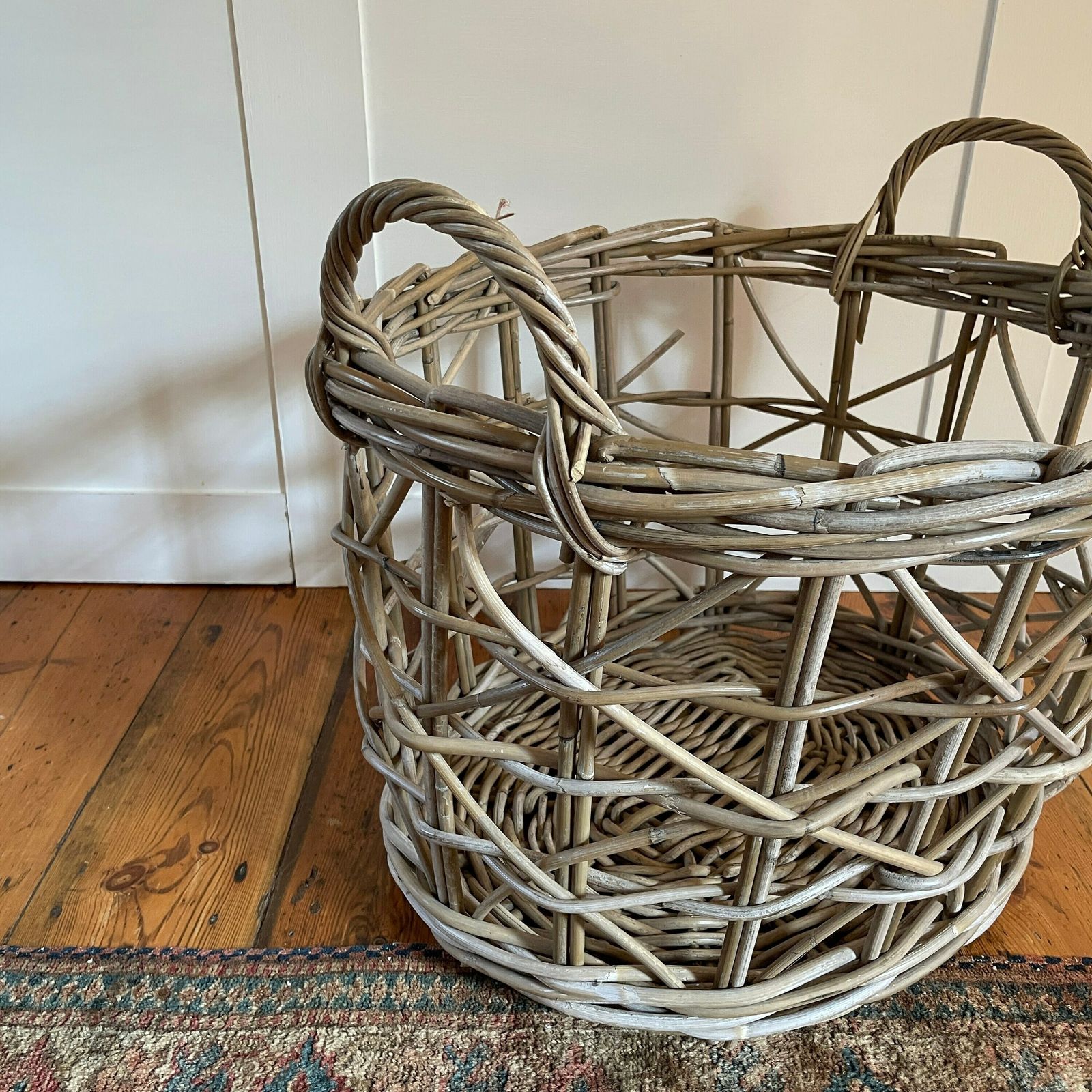 Antique French Oval Basket Woven Wicker Brown Storage Log Wooden Handles Vintage Round Wood Brown Cottage Farmhouse Bin Large Open Weave photo Home Decor