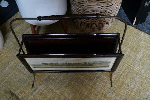 Mid Century Italian Designed Rosewood & Brass Magazine Rack With Watercolour Landscapes photo furniture