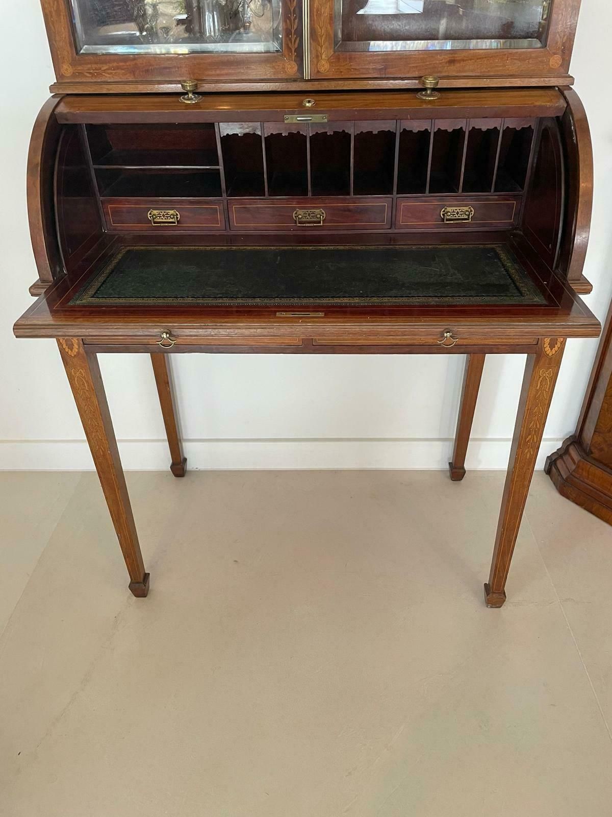 Fine Quality Antique 19th Century Mahogany Inlaid Cylinder Bookcase photo furniture
