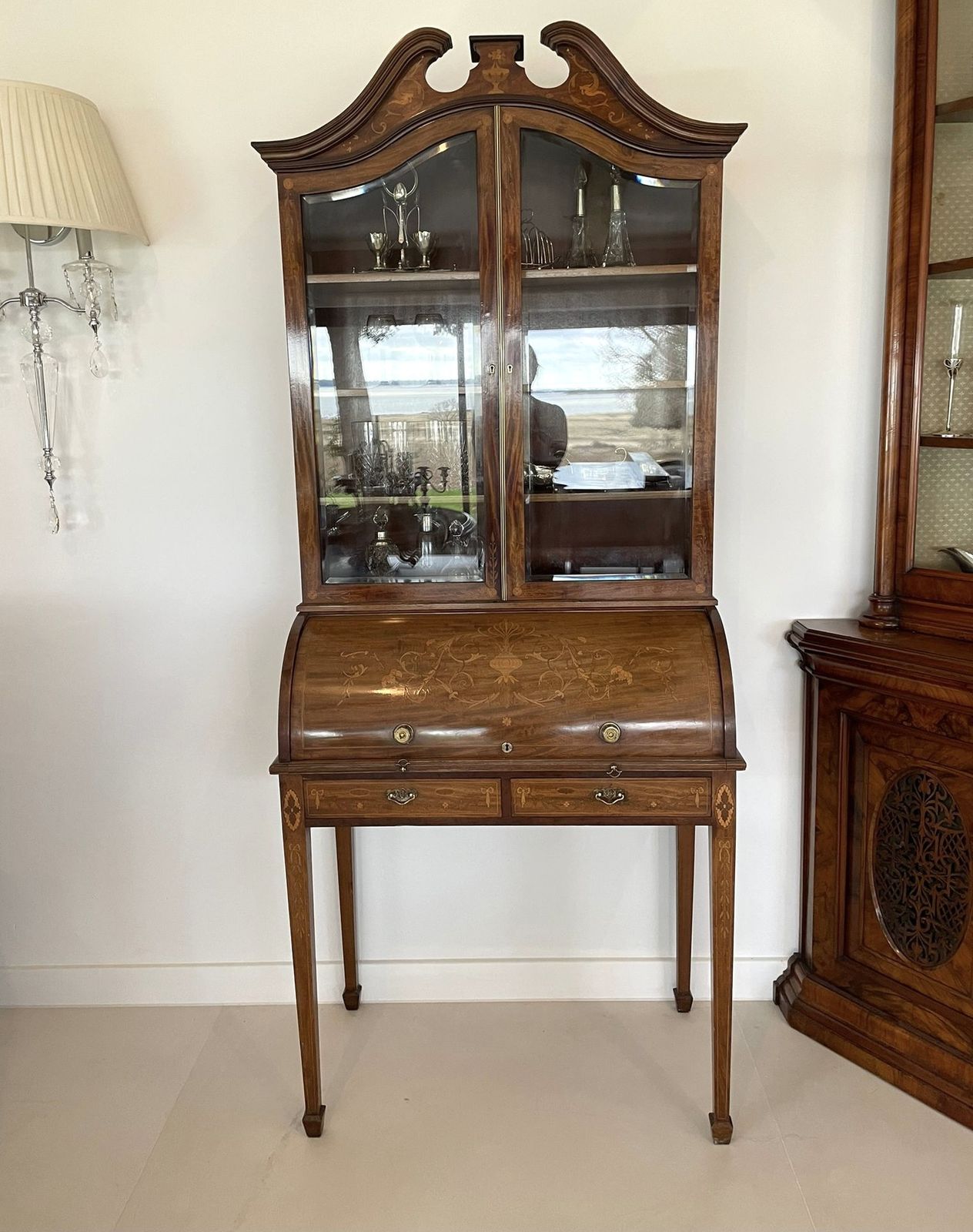 photo for sale Fine Quality Antique 19th Century Mahogany Inlaid Cylinder Bookcase