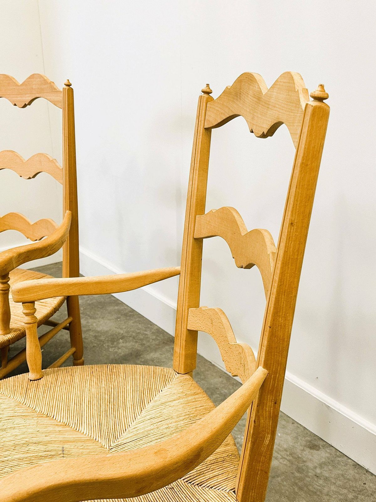 Pair Of French Provencal Radassier Beech Chairs And Ottoman, With Rush Seating. 1970s. photo for sale