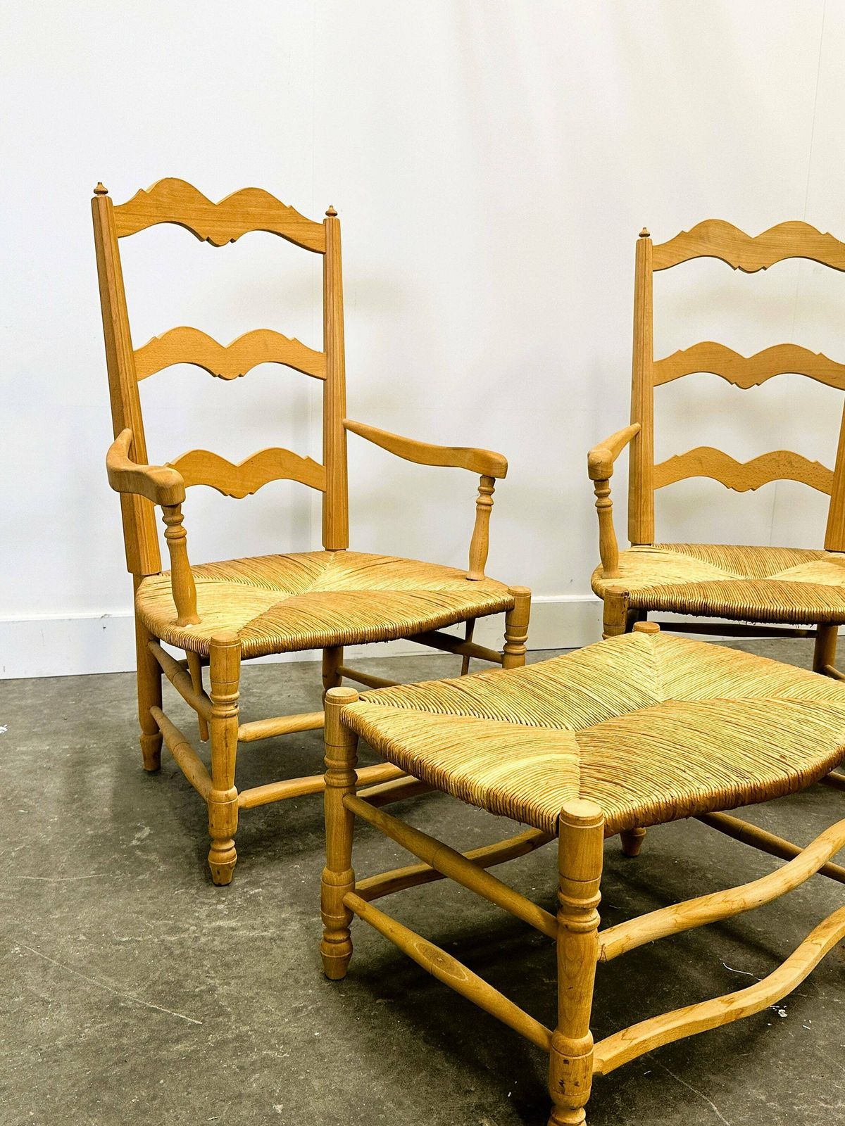 Pair Of French Provencal Radassier Beech Chairs And Ottoman, With Rush Seating. 1970s. photo Furniture